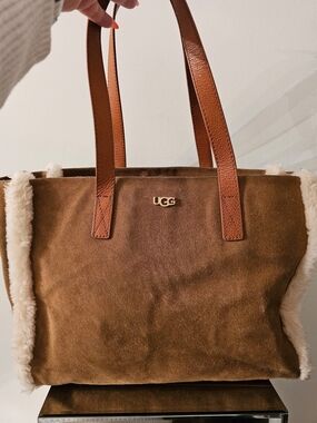 UGG Brown Suede Shearling-Trim Tote with Leather Straps